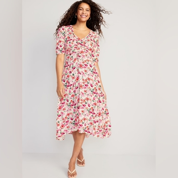 Old Navy Puff-Sleeve V-Neck Crepe Midi Dress Floral Pink Red Size Small - Picture 1 of 10